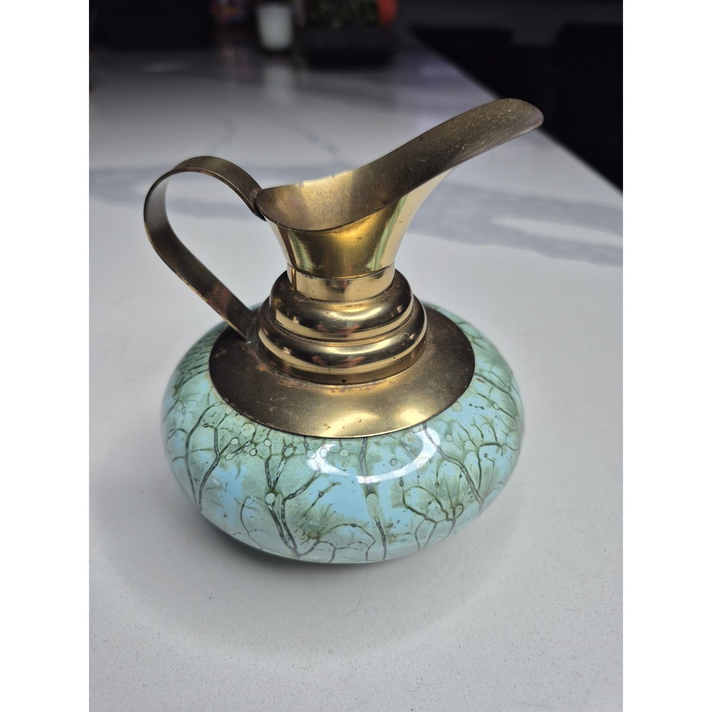 Hand Painted Delft‎ Holland Blue Green Ceramic Brass Mini Pitcher Jug Vase